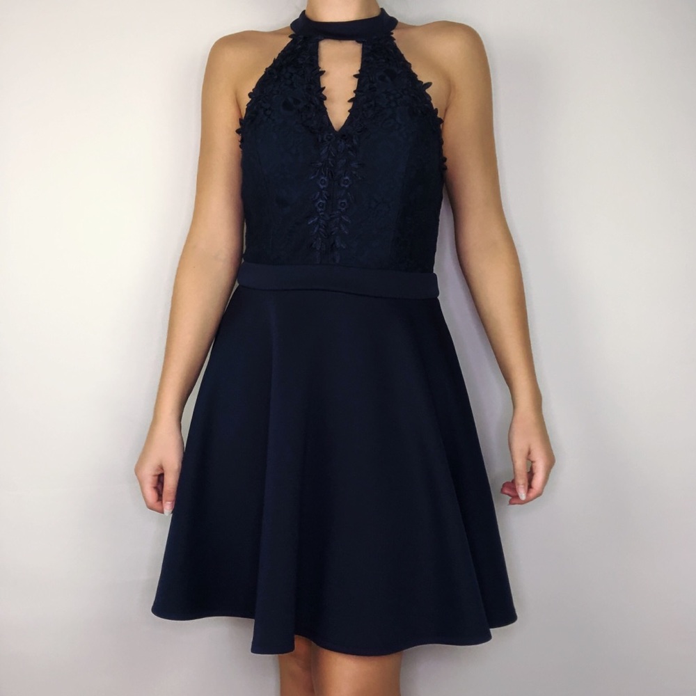 Jodi Kristopher Lace Mini Dress Halter Keyhole 11 Flare Pleated Blue Prom Date